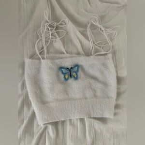 Fuzzy butterfly white cropped top